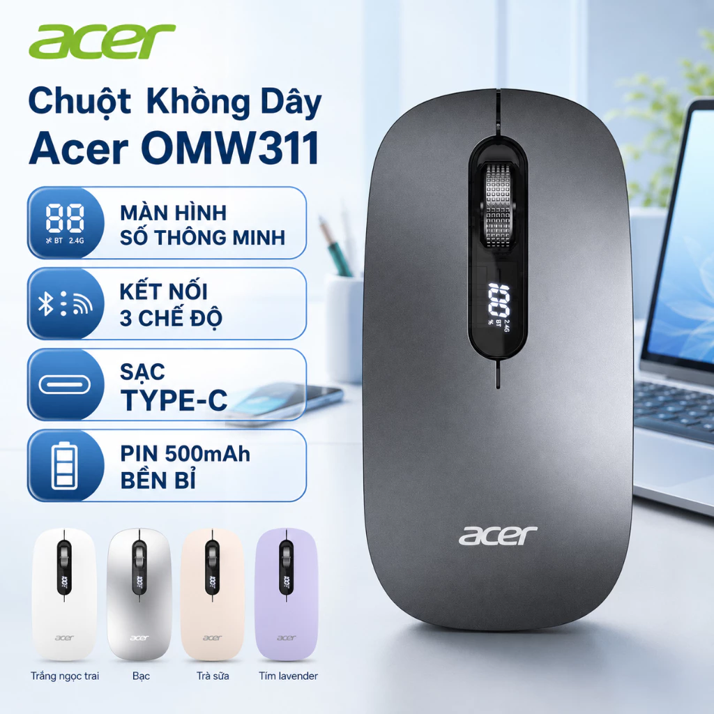 Chuột Không Dây Acer OMW311, Màn Hình Số, 2.4G BT1 BT2, Sạc Type-C, Hiển Thị Pin, DPI 800/1200/1600