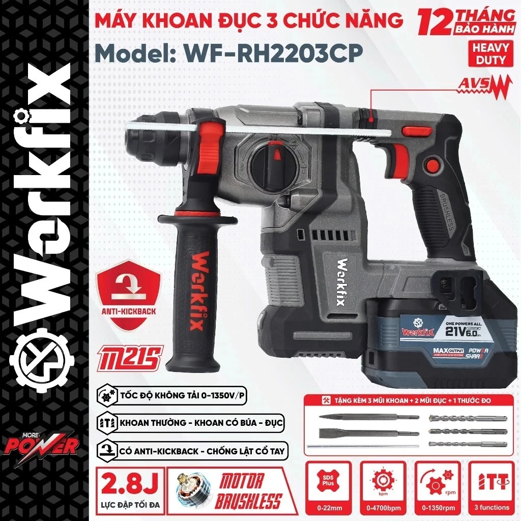 [TẶNG BỘ 5 MŨI] Máy Khoan Bê Tông Pin Workfix WF-RH2203CP - 3 Chức Năng KHOAN -BÚA -ĐỤC Bê Tông Chính Hãng