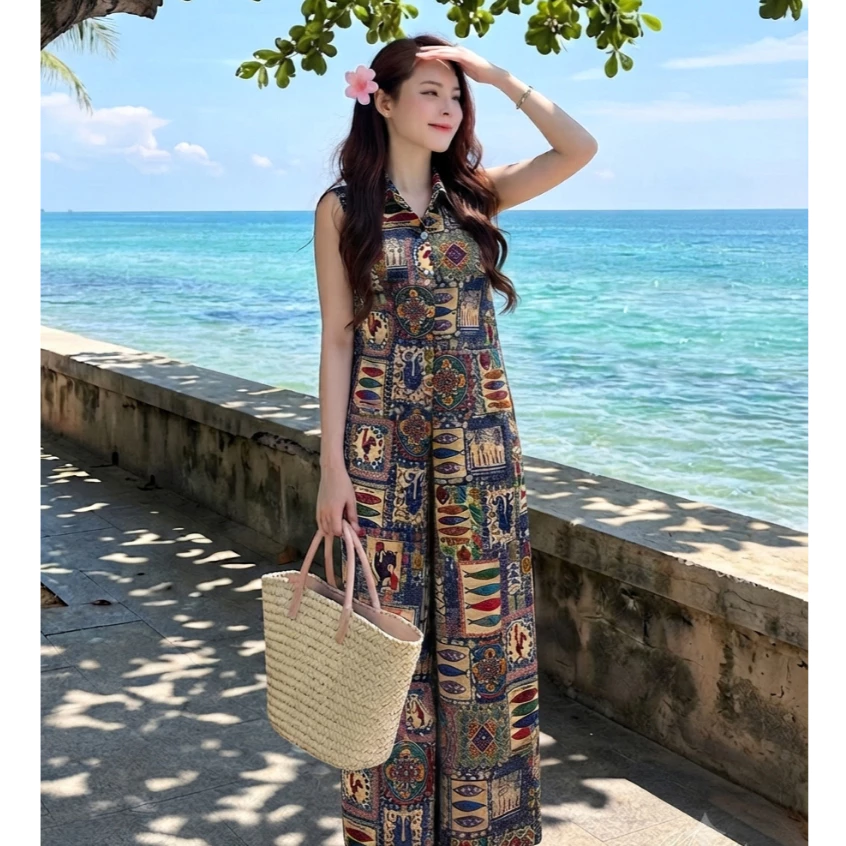 Set Bộ Nữ H7 Áo Cộc Quần Dài Họa Tiết Vintage - Bộ Đồ Chất Lụa Hàn Mát Mẻ, Sang Trọng Đi Chơi, Du Lịch