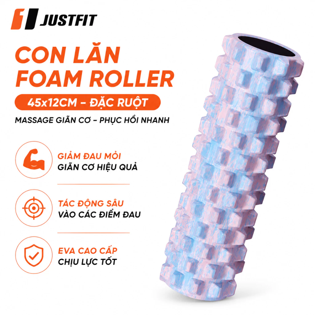 Foam Roller Massage JUSTFIT Có Khung Đỡ 4 Giác Hút, Con Lăn Gai 3D Thư Giãn Lưng Vai Bắp Chân