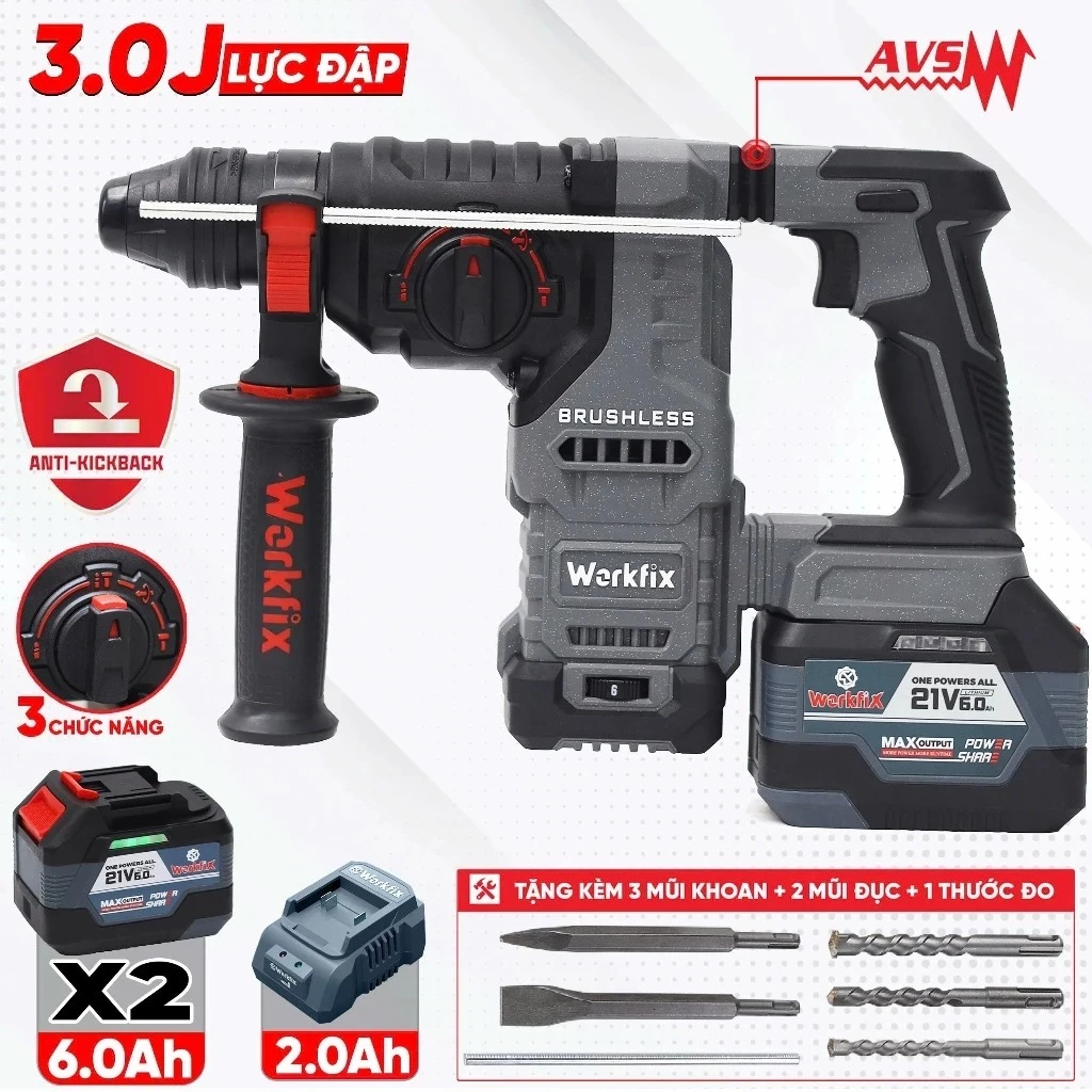 [TẶNG 5 MŨI] Máy khoan đục bê tông WORKFIX WF-RH3003ATC, 6 Cấp chỉnh tốc, Lực đập 3.0J, Có giảm rung chấn AVS
