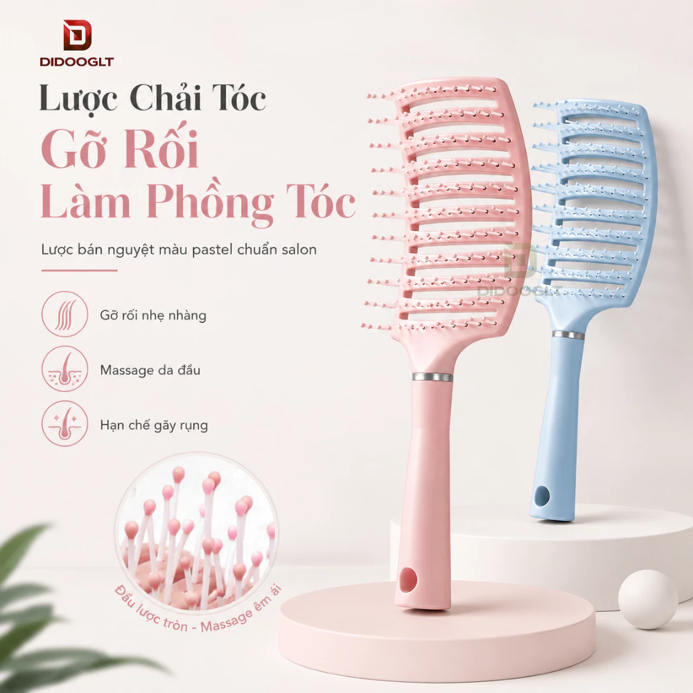 Lược chải tóc gỡ rối làm phồng tóc Didooglt lược bán nguyệt màu pastel chống rụng tóc chuẩn salon