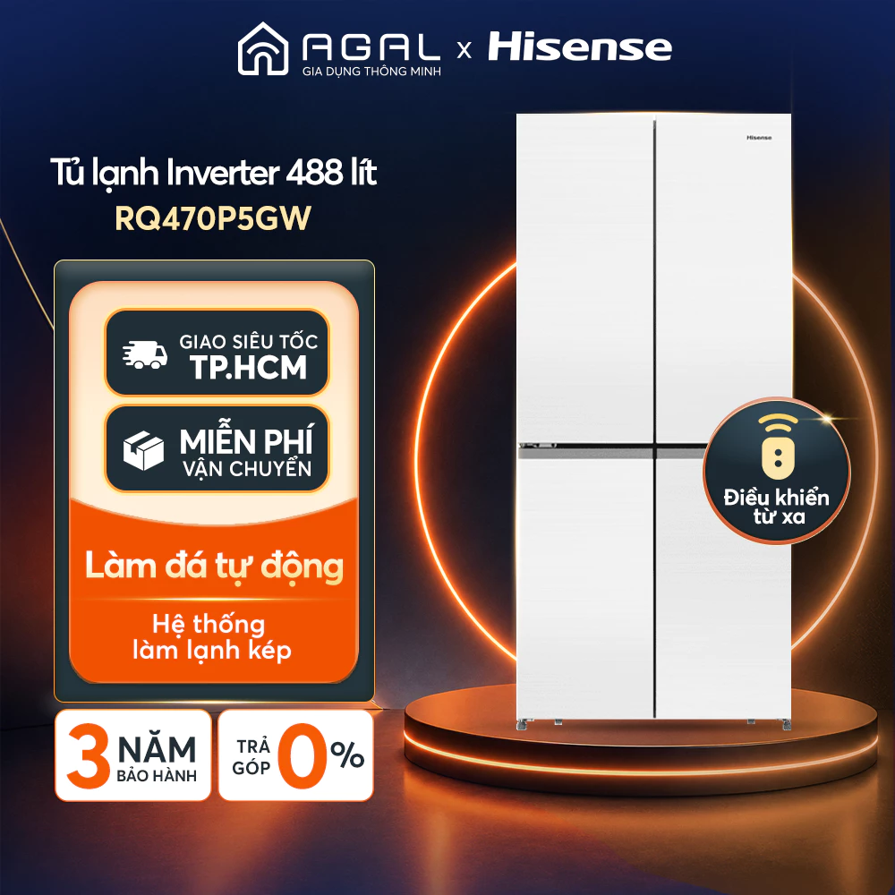 Tủ lạnh 4 cửa Hisense Inverter 488 Lít RQ470P5GW - Trả góp 0%, Miễn phí vận chuyển