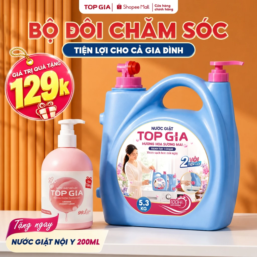 [MUA 1 TẶNG 1] Nước Giặt Đậm Đặc TOPGIA 5.3KG Hương Hoa Sương Mai Can 2 Vòi Mềm Vải Giữ Màu Quần Áo