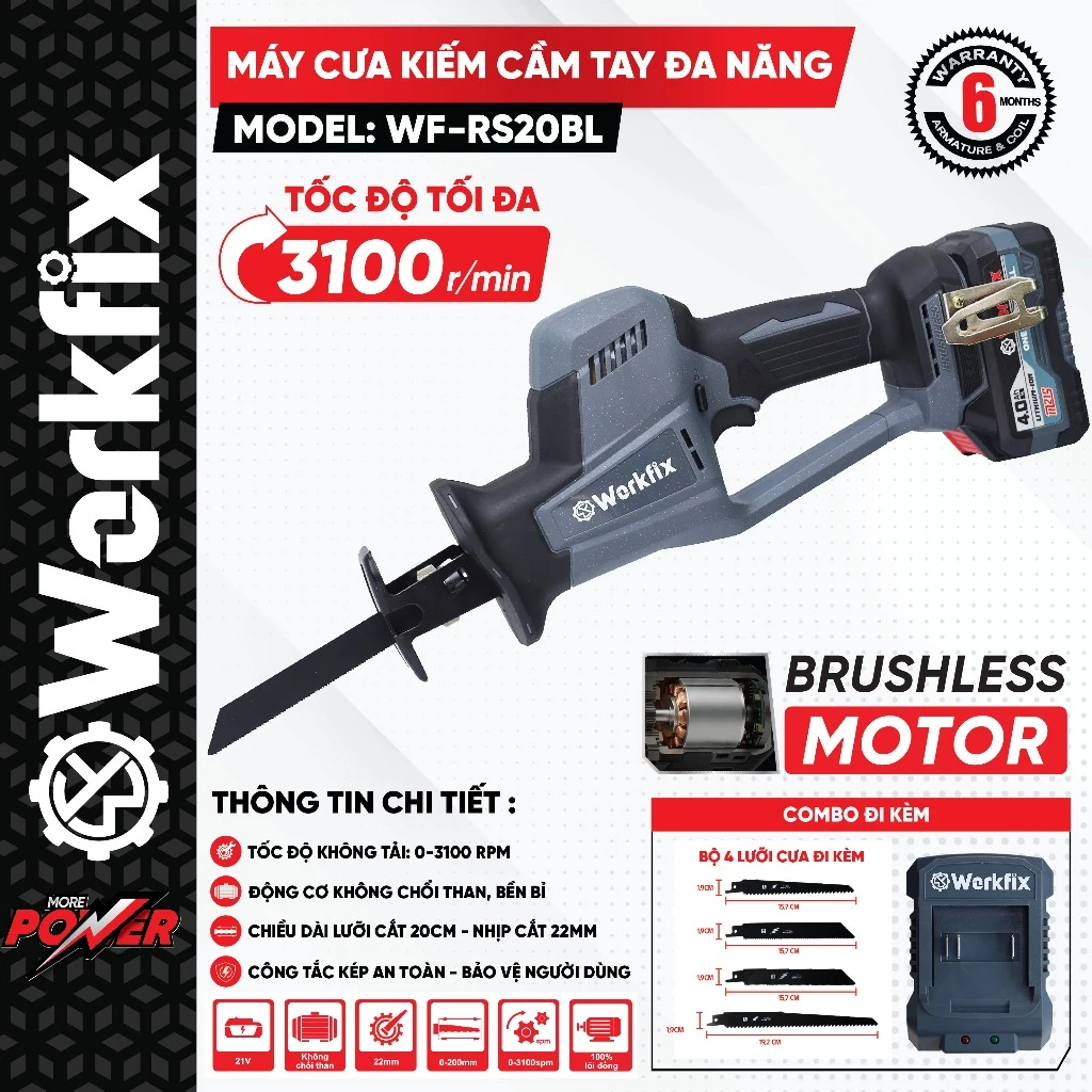 [Tặng 4 Lưỡi Cắt] Máy Cưa Kiếm Workfix WF-RS20BL - Không chổi than, 800w Chân Pin Phổ Thông, Chuyên Cưa Gỗ, Cắt, Tỉa,...