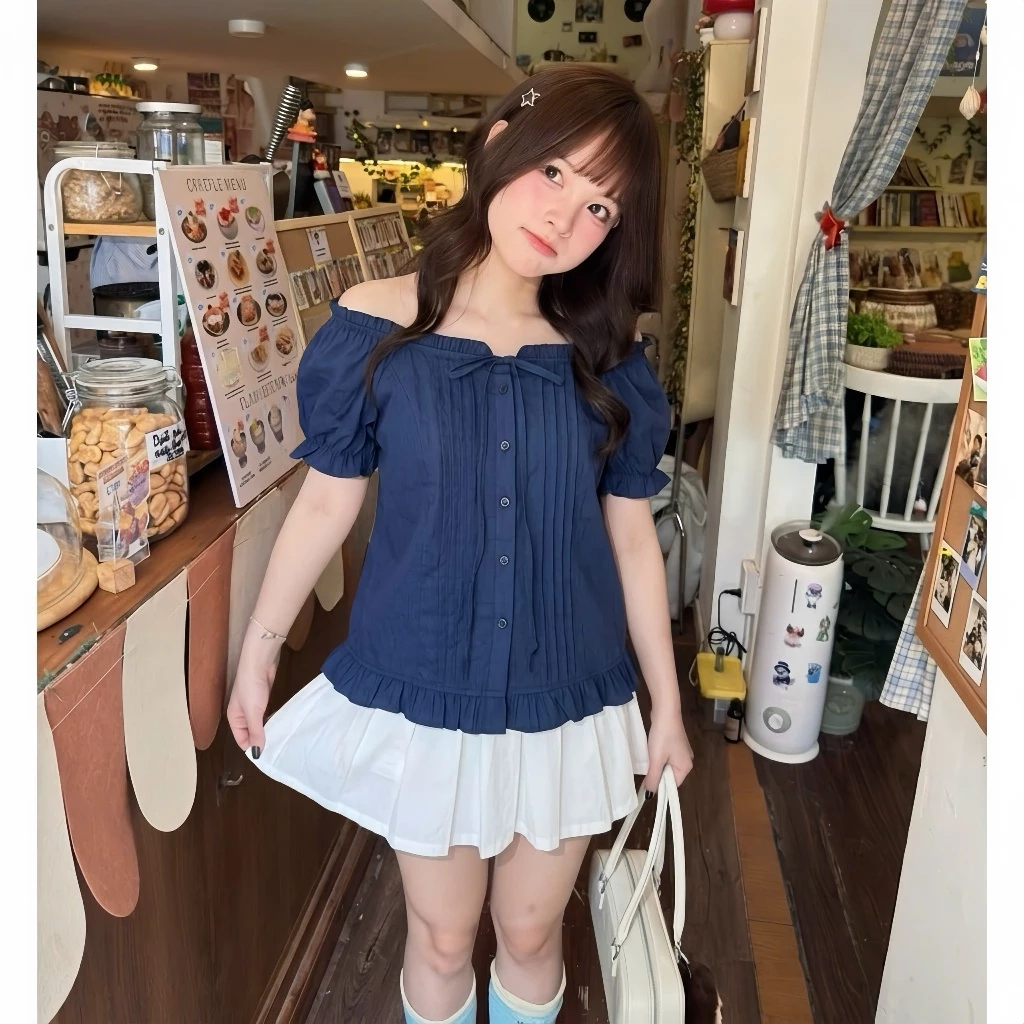 Áo sơ mi kiểu nữ SM467 Kozoda chất gió hàn họa tiết xếp ly buộc dây viền bèo tiểu thư ngắn tay thời trang nữ Hàn Quốc