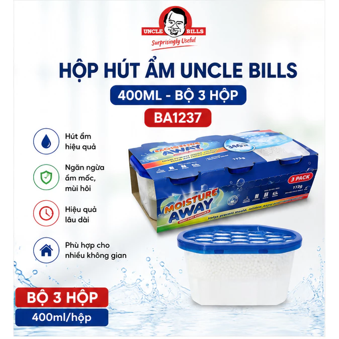 Bộ 3 Hộp Hút Ẩm Tủ Quần Áo Tủ Giày Uncle Bills 400mL BA1237 - Chống Ẩm Mốc, Khử Mùi