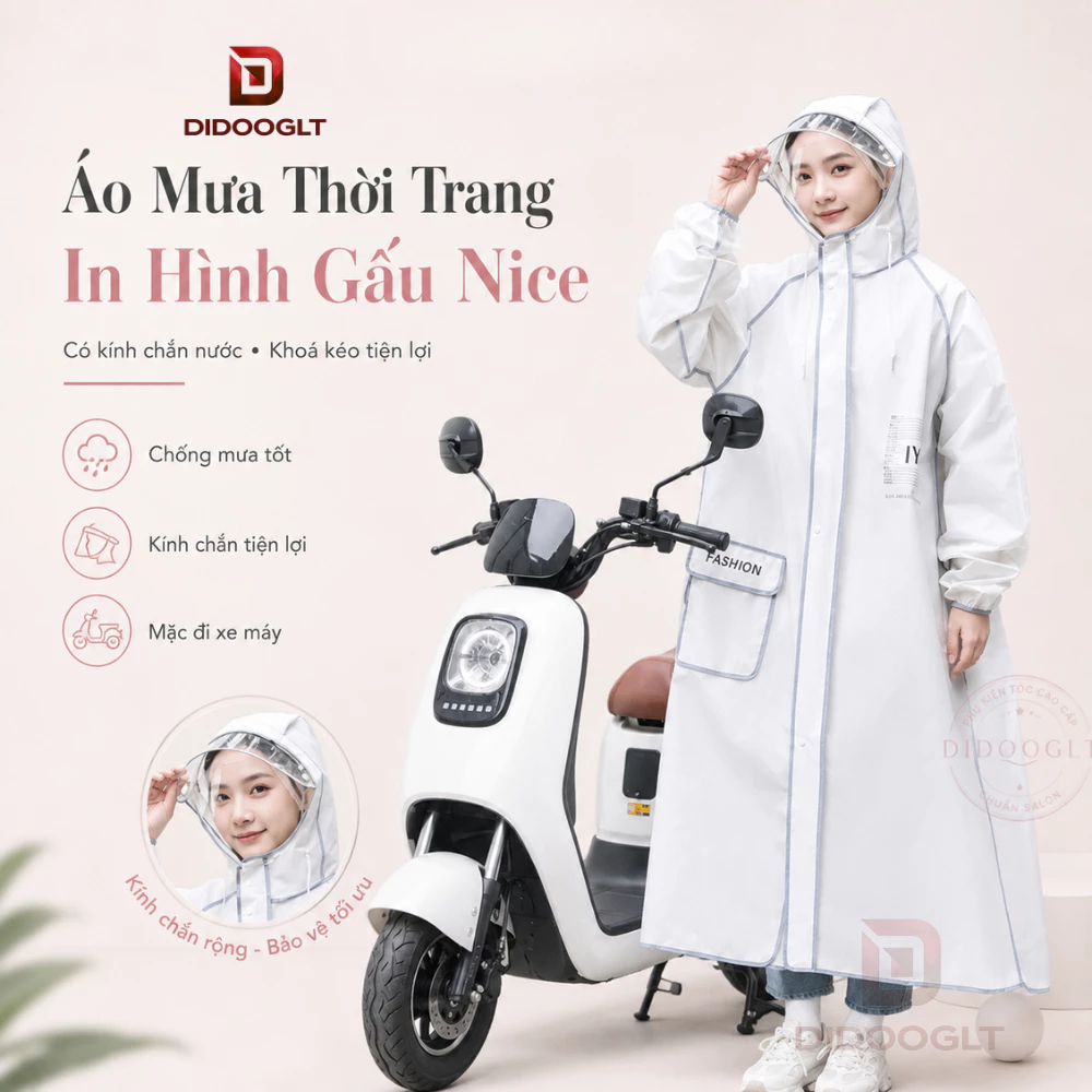 Áo Mưa Thời Trang 1 Người Didooglt In Hình Gấu Nice Có Kính Chắn Nước Kèm Khoá Kéo Tiện Lợi