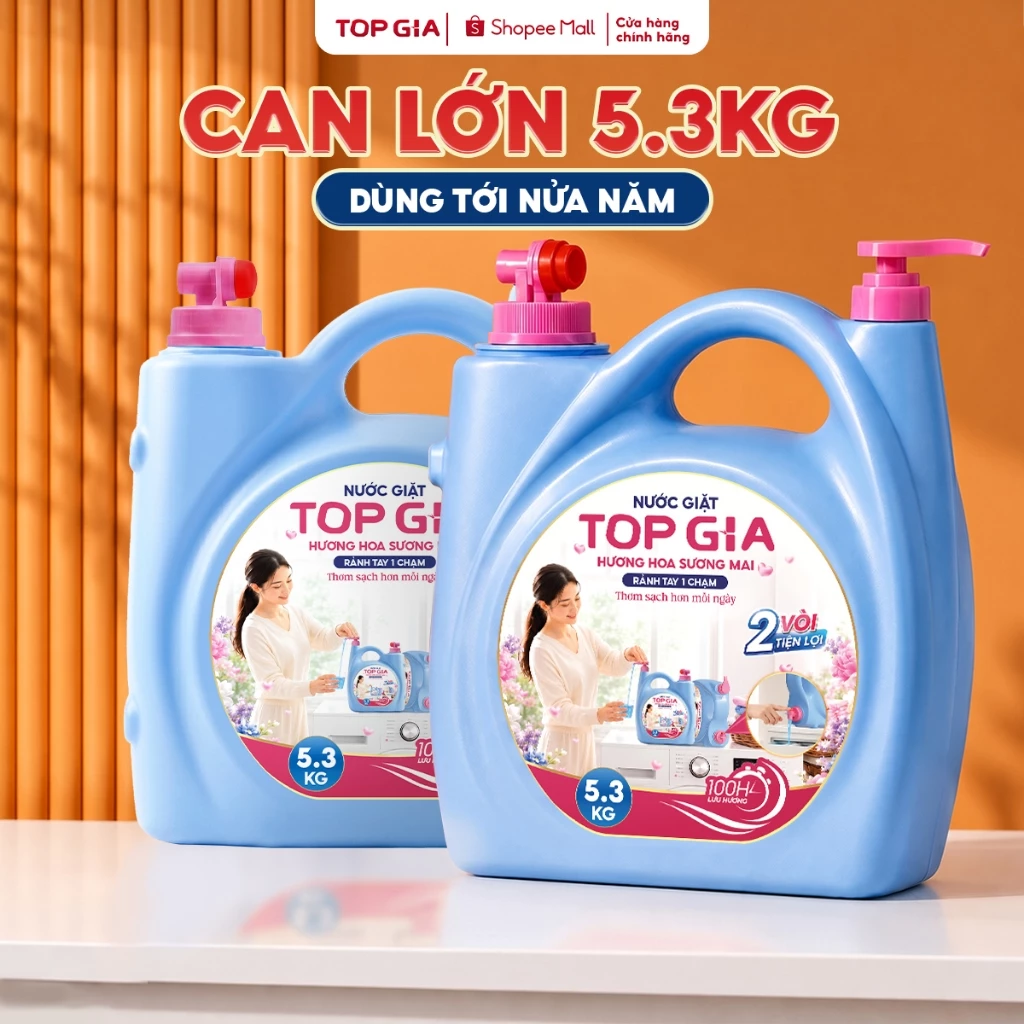 Nước Giặt TopGia 2 Vòi Can 5.3KG Hương Hoa Sương Mai, Lưu Hương 100H, An Toàn Dịu Nhẹ, Tiện Lợi