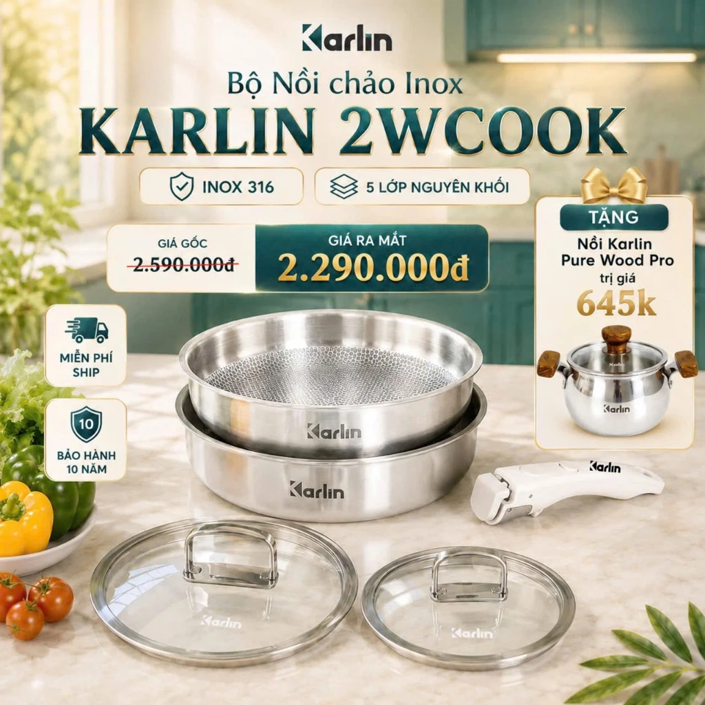 [Chính hãng] Bộ nồi cán rời Karlin 2WCOOK,vân lục giác,inox 316,5 lớp,bảo hành 24 tháng,2 size