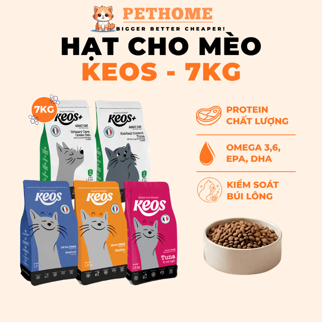 [7KG] Hạt Mèo KEOS Hairball Control Tuna Hỗ Trợ Loại Búi Lông, Tiêu Hóa Khỏe, Omega 3&6, Taurine