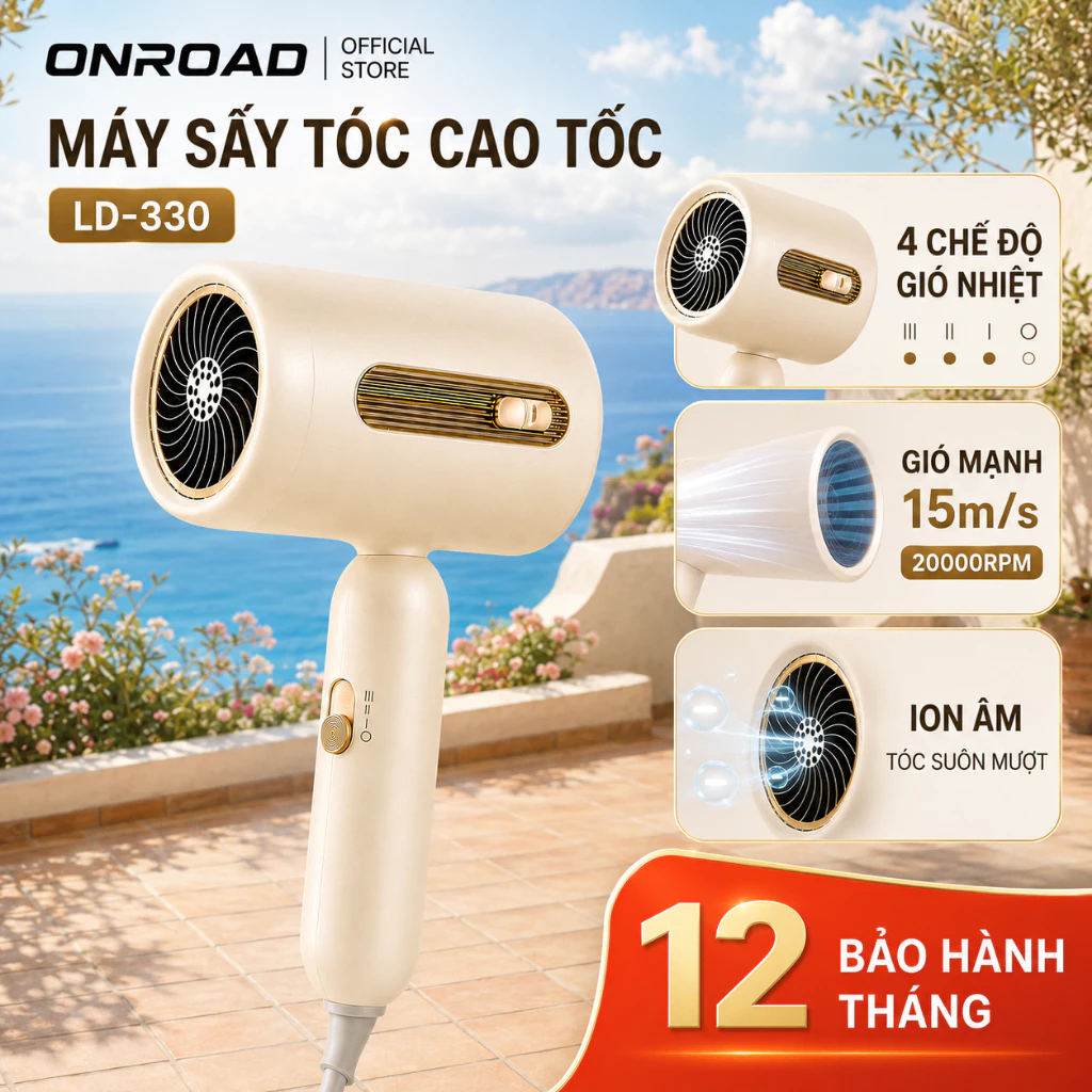 ONR Máy Sấy Tóc, 3 Công Suất Chăm Sóc Tóc Chuyên Sâu Bằng Ion Ánh Sáng Xanh - BH 12 Tháng