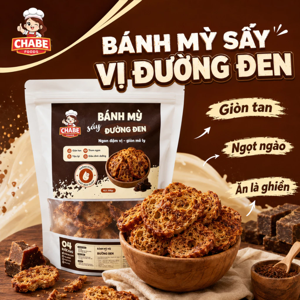 [HOẢ TỐC HN]Bánh Mì Sấy CHABE FOODS Vị Đường Đen 300gr - Ngọt Thơm, Giòn Tan, Ăn Vặt Trà Chiều Hot Trend