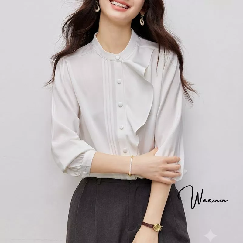 Áo sơ mi nữ trắng công sở phối bèo tay dài trẻ trung WEXUU chất vải lụa hàn mềm mịn - SP64