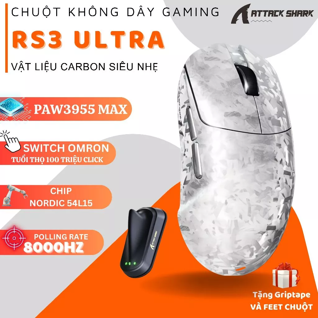 Chuột Gaming Không Dây Attack Shark RS3 ULTRA Carbon Fiber - PAW3955MAX, 52K DPI, Polling Rate 8KHz
