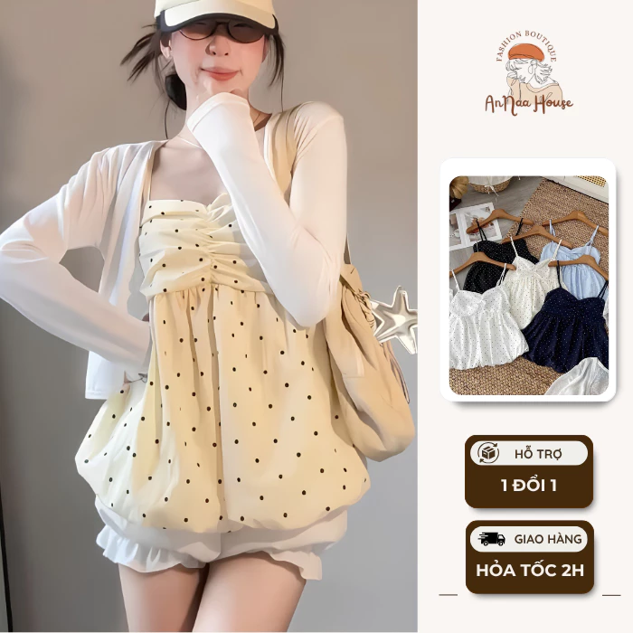 Áo 2 dây bí hoạt tiết chấm bi kèm áo cardigant mỏng, áo kiểu nữ dáng babydoll mặc đi chơi, đi biển, dạo phố