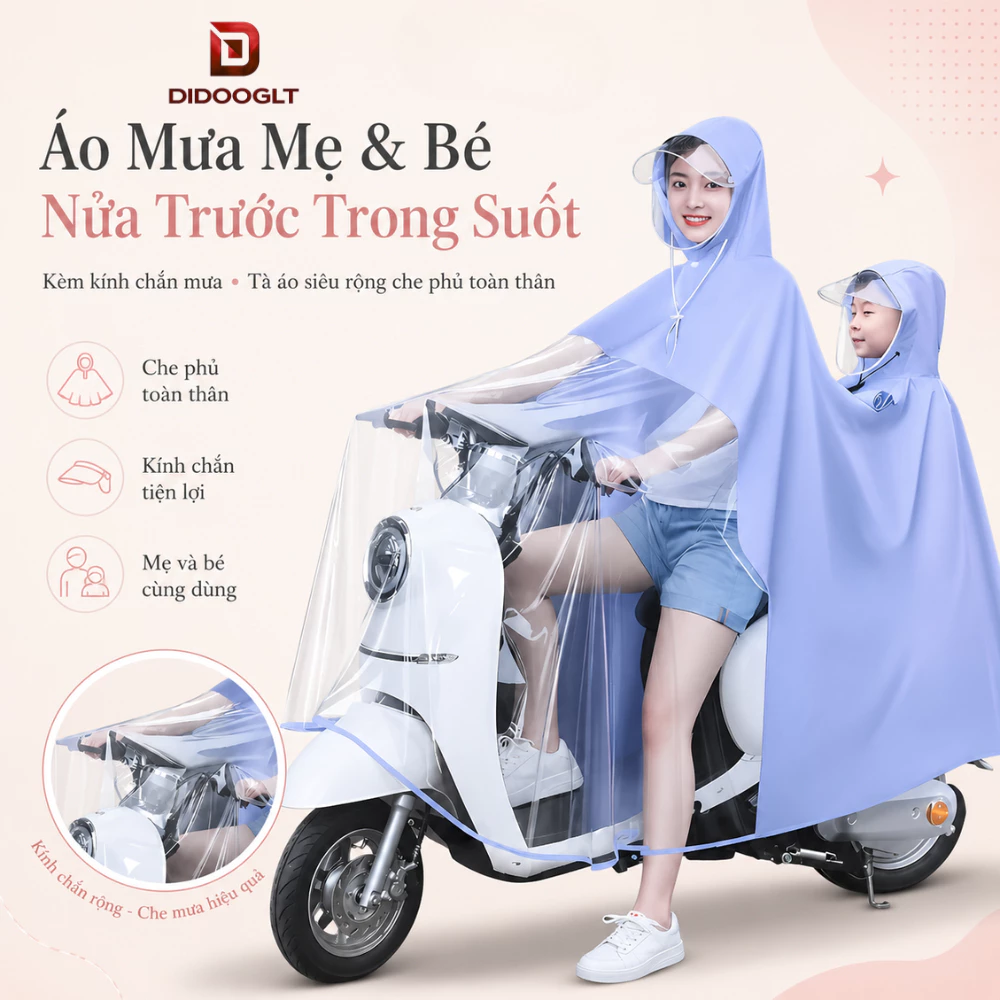 Áo mưa nửa trước trong suốt kèm kính chắn mưa cho mẹ và bé, áo mưa cánh dơi che phủ toàn thân ( didooglt )