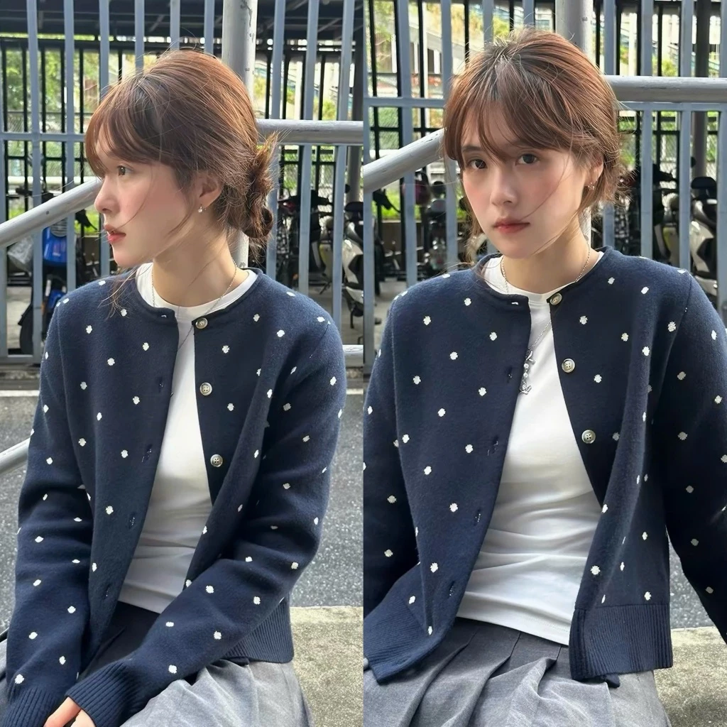 Áo cardigan chấm bi màu xanh than dáng vừa mặc thu đông CDG016 - Tiktik