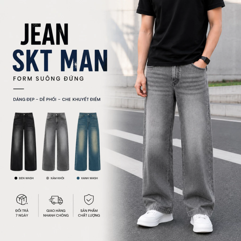 Quần Jean Ống Suông Form Rộng Màu Xám,Phong Cách Retro, Chất Bò Nam Nữ-JEANSKT