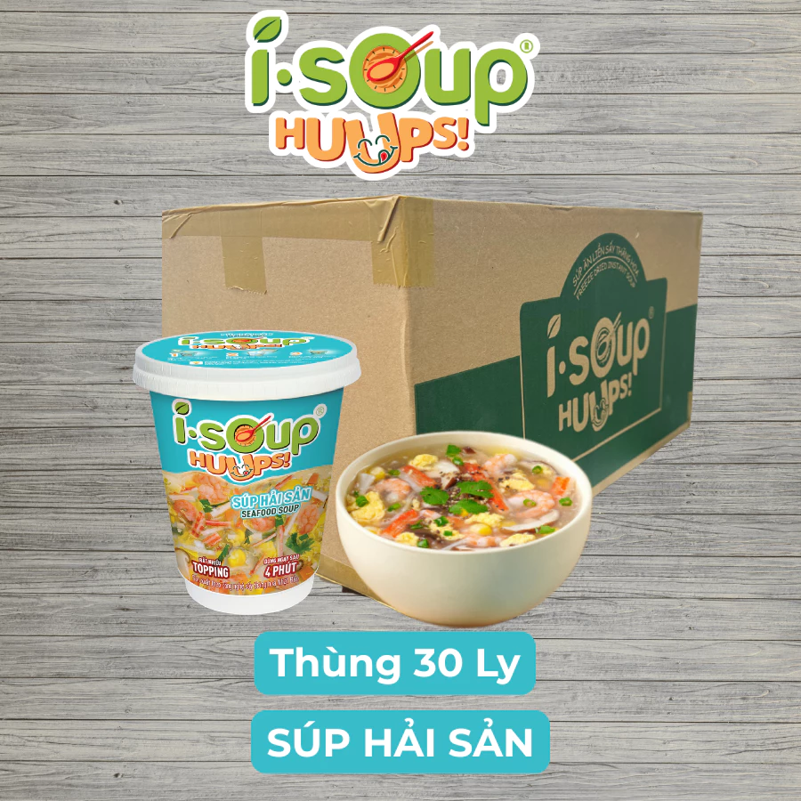 [1 thùng 30 ly] Súp Hải Sản Ăn Liền ISOUP HUUPS! Súp Ăn Liền Sấy Thăng Hoa