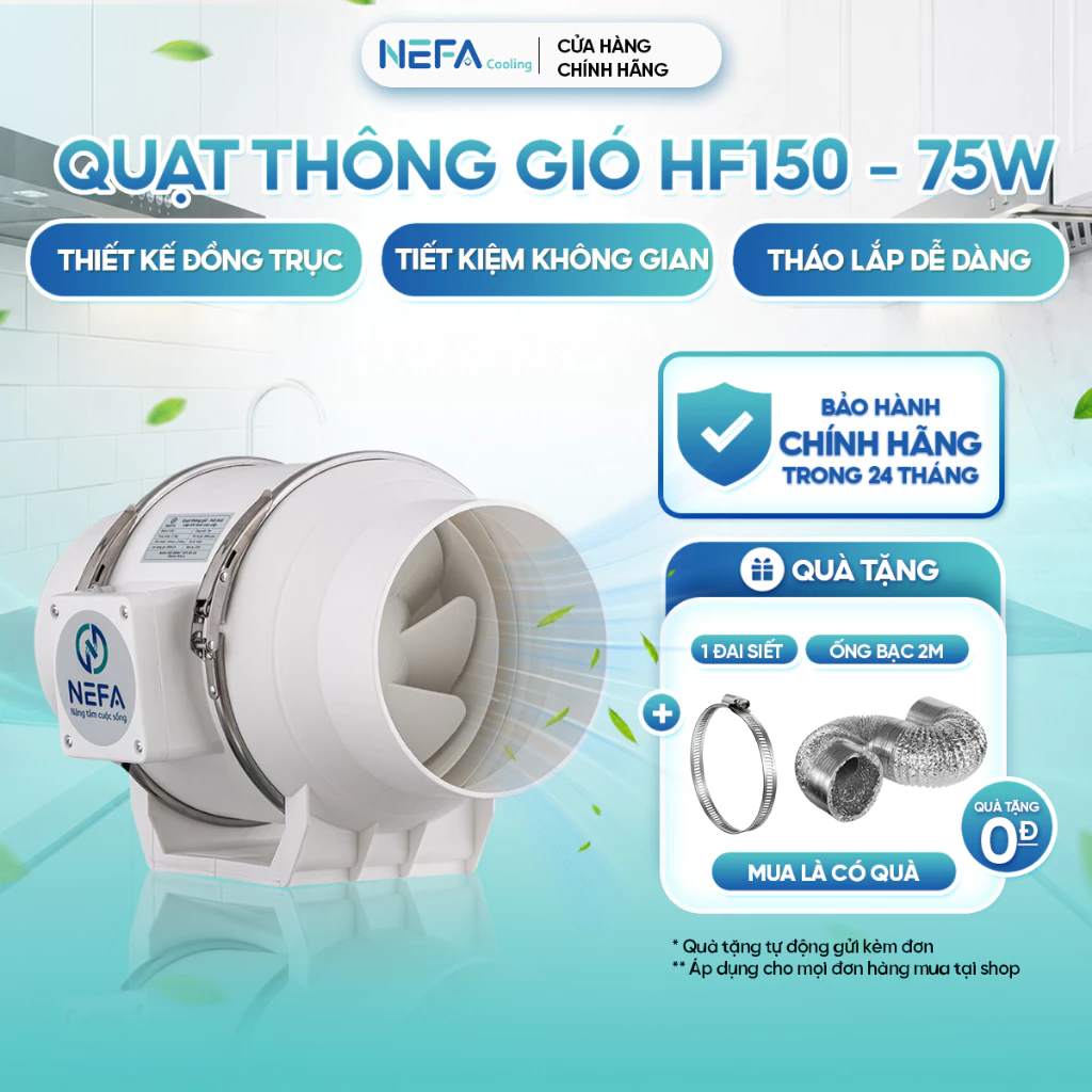 [Chính hãng] Quạt thông gió hút mùi NEFA HF150 75W hút khói bếp mạnh, thông gió, tiết kiệm điện, công suất lớn