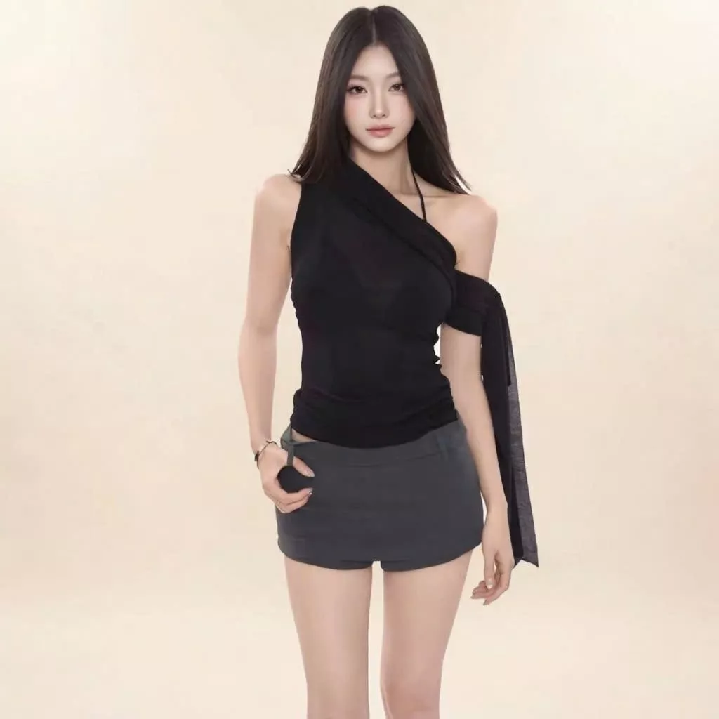 Áo thun ôm lệch vai co giãn bigsize V6 trắng/đen_Orimi