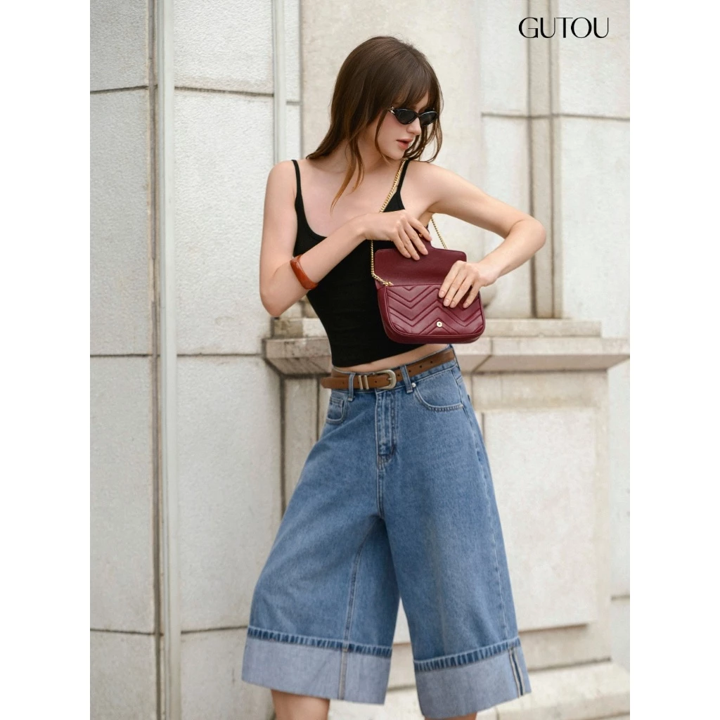 GUTOU Quần Jean Ngố Ống Suông Lai Gập Denim Casual - Thiết Kế Lưng Cao Ống Rộng Chất Liệu Cotton Mềm Đậm Nhạt G292