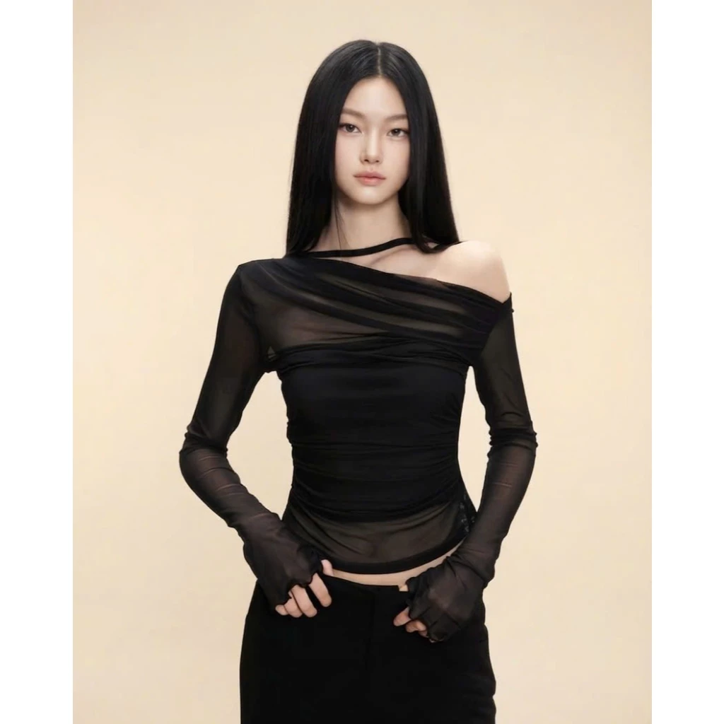 Áo lệch vai lưới tay dài đen/nâu K10 - Orimi