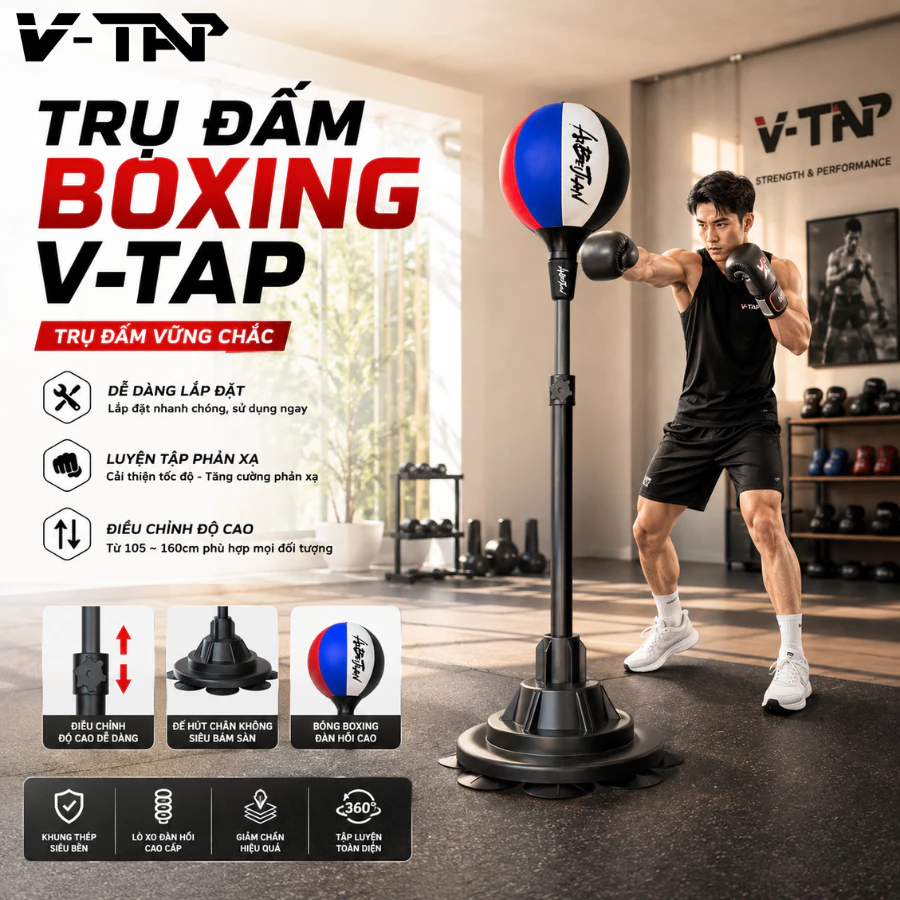 Trụ Đấm Boxing Tự Cân Bằng Trụ Vững Chắc, Bóng Tập Phản Xạ, Trụ Boxing Điều Chỉnh Độ Cao 105~160cm
