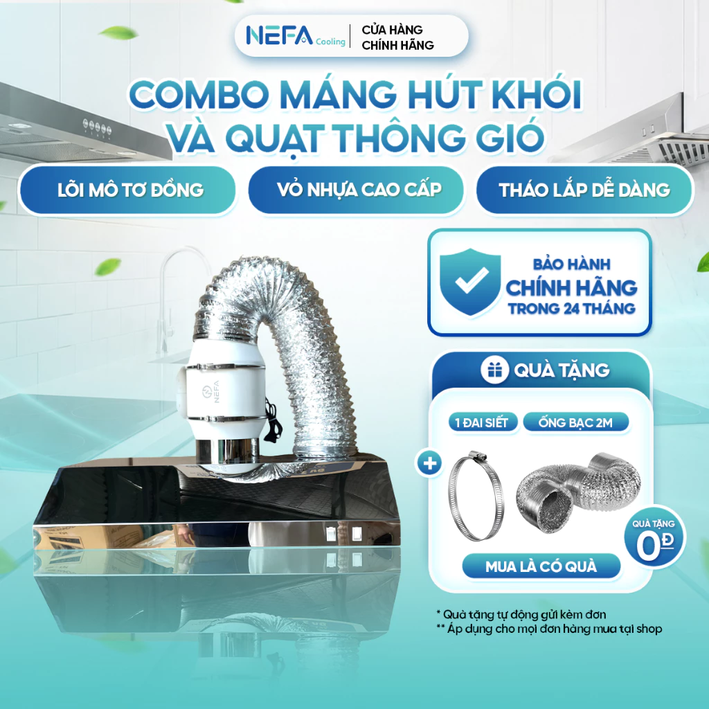 [Chính hãng] Combo máng hút khói inox NEFA Plus kèm quạt thông gió hút mùi, hút khói bếp mạnh, lắp đặt dễ tiết kiệm điện