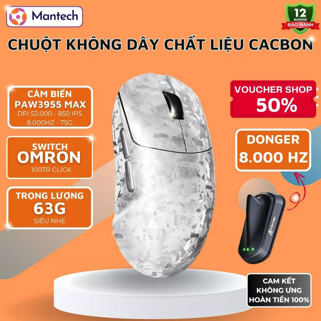 Chuột Gaming Không Dây Attack Shark RS3 ULTRA Carbon Fiber - PAW3955MAX, Polling Rate 8KHz, 63g