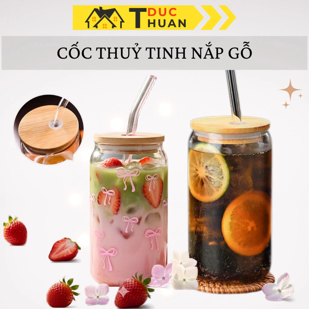 Cốc Thủy Tinh 540ml Kèm Nắp Gỗ Ống Hút Bình Thủy Tinh Hình Trụ Trơn Decor - DT HOME