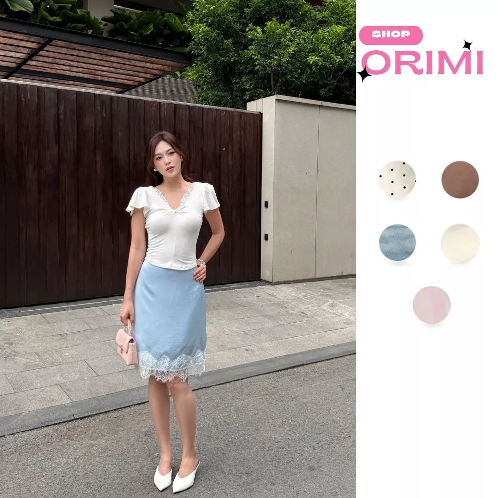 Chân váy lụa dáng lửng ngắn chữ A xoè nhẹ phối ren xanh/hồng/kem/nâu/chấm bi M11 Bigsize - Orimi