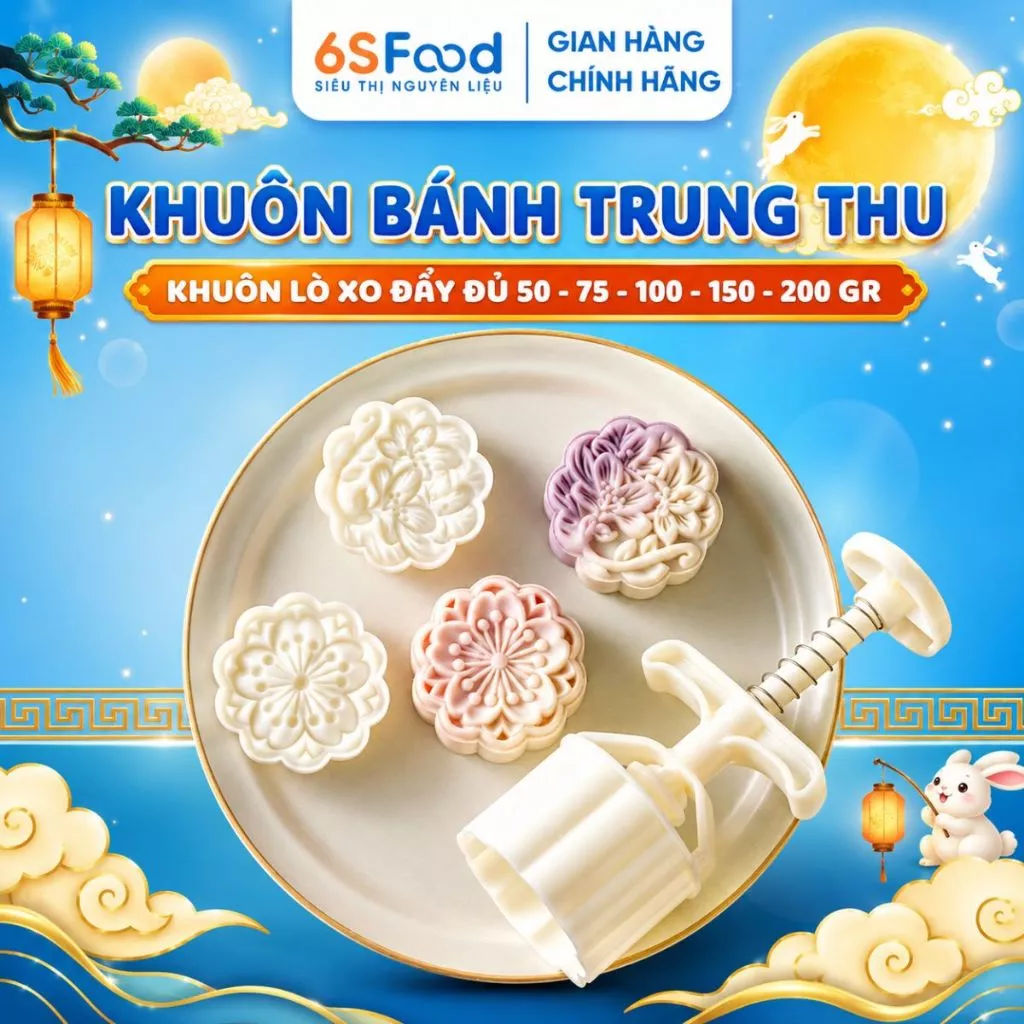 Khuôn Bánh Trung Thu Lò Xo Đầy Đủ 50-75-100-150-200g Nhựa ABS Dày Dặn, Hoa Văn Hottrend 2026 6SFOOD
