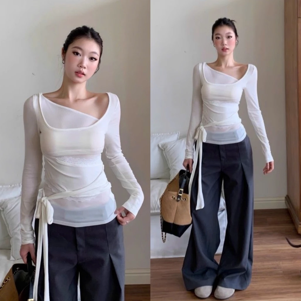 Áo dài tay màu trắng trơn tạo kiểu layer cổ chéo kết hợp ren và dây buộc eo nữ tính co giãn - Tiktik