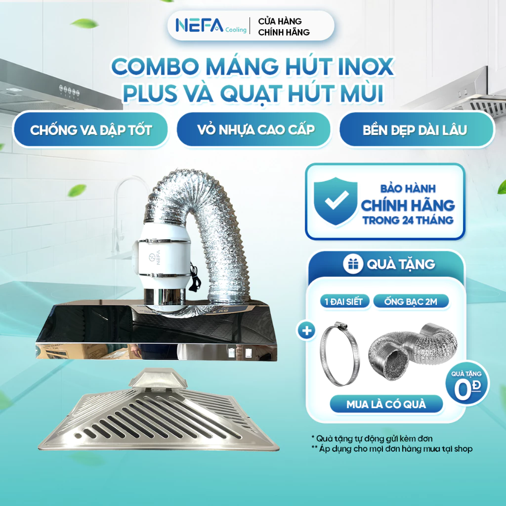 [Chính hãng] Combo máng hút khói inox NEFA và quạt hút mùi kèm khay hứng dầu hút mùi khói bếp, lọc không khí, thông gió