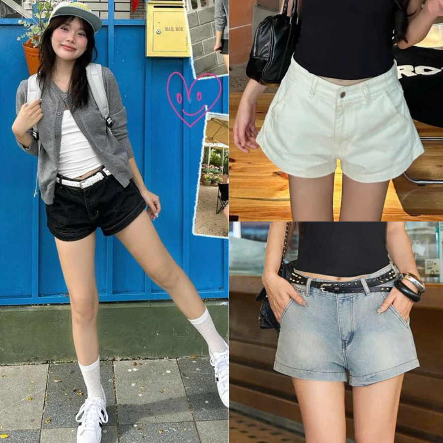 Quần Short Cạp Trễ Màu Đen Xám NAGUU Chất Jean, Quần Đùi Jean Cạp Thấp Basic Cá Tính Y2K Hot Trend