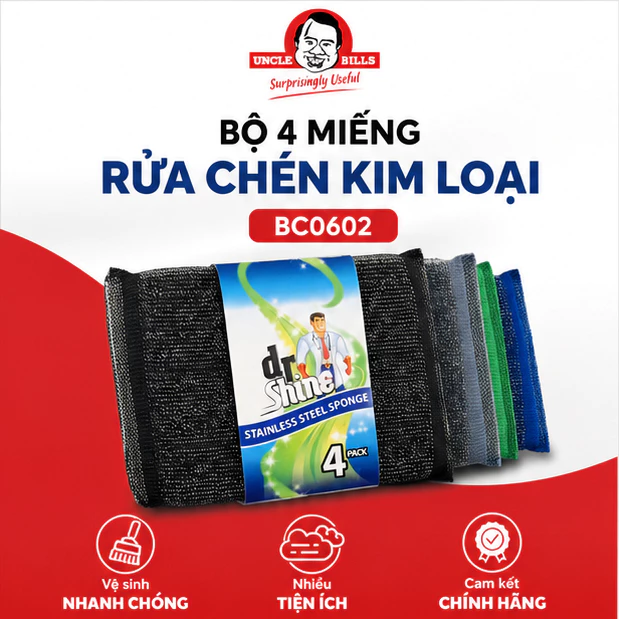 Bộ Miếng Rửa Chén Kim Loại 4 Cái Uncle Bills BC0602 - Tiện Dụng, Làm Sạch Nhanh