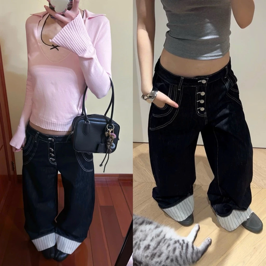 Quần jean dáng rộng to unisex layer gấu kẻ sọc kết hợp nhiều khuy cá tính - Titkik