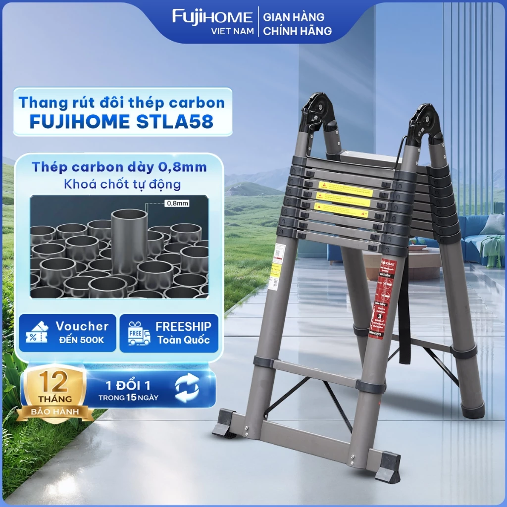 Thang rút gọn chữ A cao 5,7 mét xếp gọn FUJIHOME STLA58, thang rút đôi gấp gọn chốt tự động an toàn