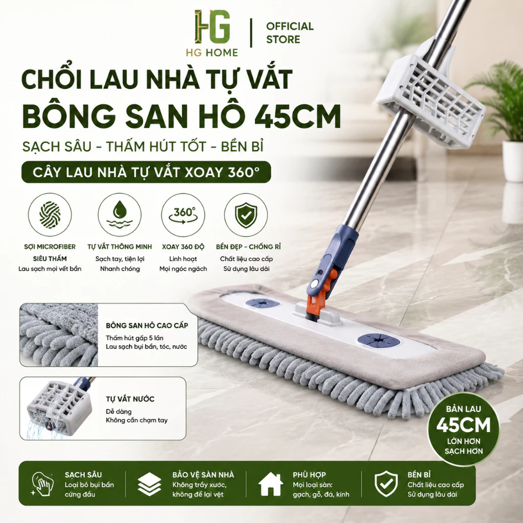 Chổi Lau Nhà Tự Vắt Bông San Hô 45cm, Cây Lau Nhà Tự Vắt Xoay 360 Độ Sợi Microfiber Siêu Thấm HGHOME
