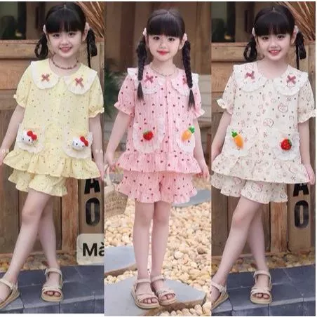 (XẢ KHO-Xưởng May HK) Đồ Bộ Pijama Bé Gái Cổ Sen Dáng Babydoll - Set Đồ Ngủ Bé Gái Vải Đũi Mềm Mịn Đính Thỏ Cà Rốt