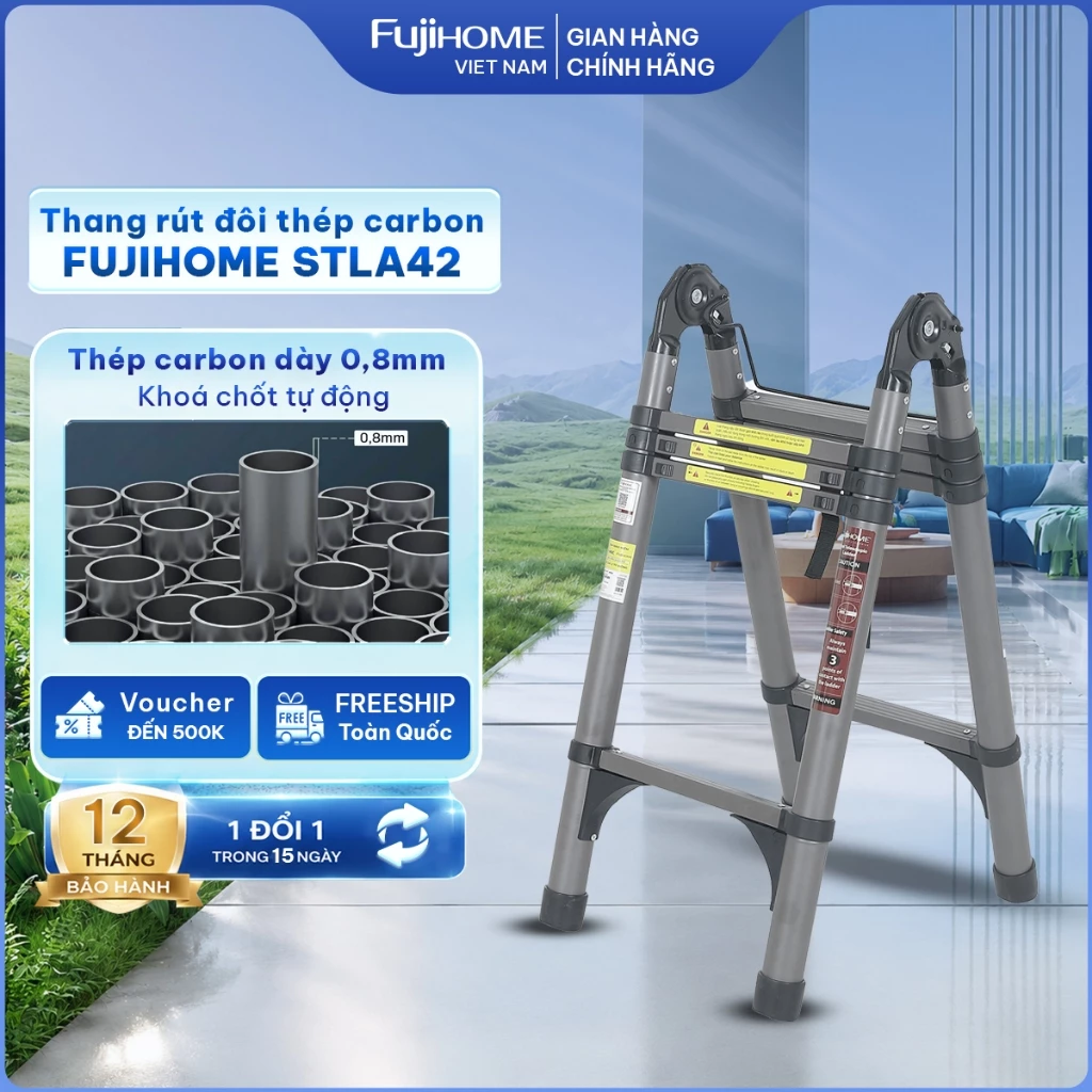 Thang rút gọn đôi 4.1 mét thép Carbon FUJIHOME STLA42 tải trọng 150kg, thang rút chữ A đa năng chốt khóa tự động an toàn