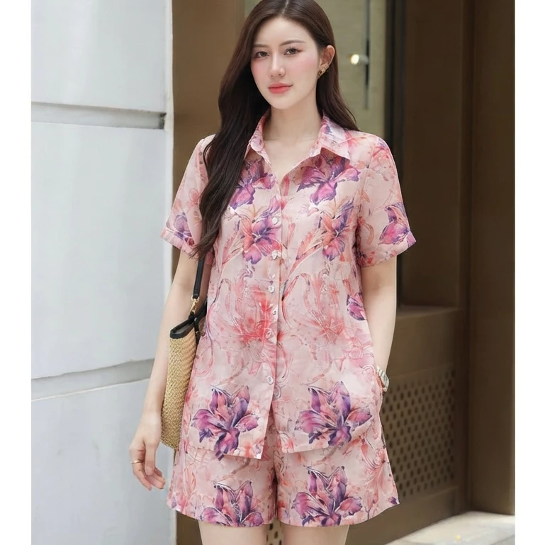 Bộ Tay Cộc Quần Cộc Chất Liệu Voan Tơ H1 Thoải Mái Thấm Hút mồ Hôi