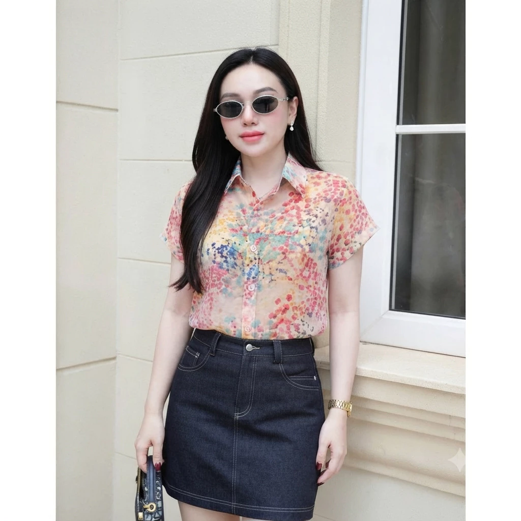 Áo Sơ Mi Nữ H5 Chất Voan Tơ Cao Cấp Họa Tiết Hoa - Áo Sơ Mi Cộc Tay Form Suông Thời Trang, Thoáng Mát