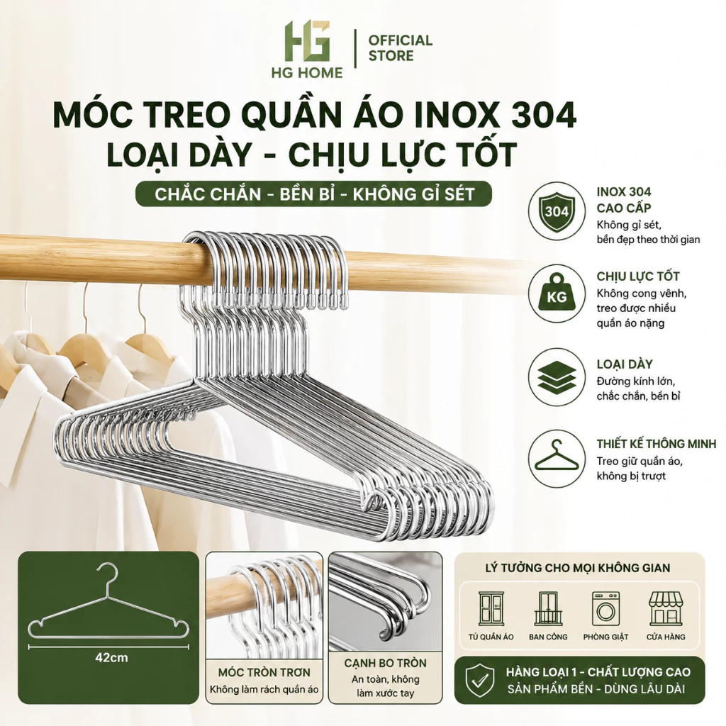 Móc Treo Quần Áo INOX 304 Loại Dày, Móc Phơi Chắc Chắn, Chịu Lực Tốt Kích Thước 42cm - HGHOME