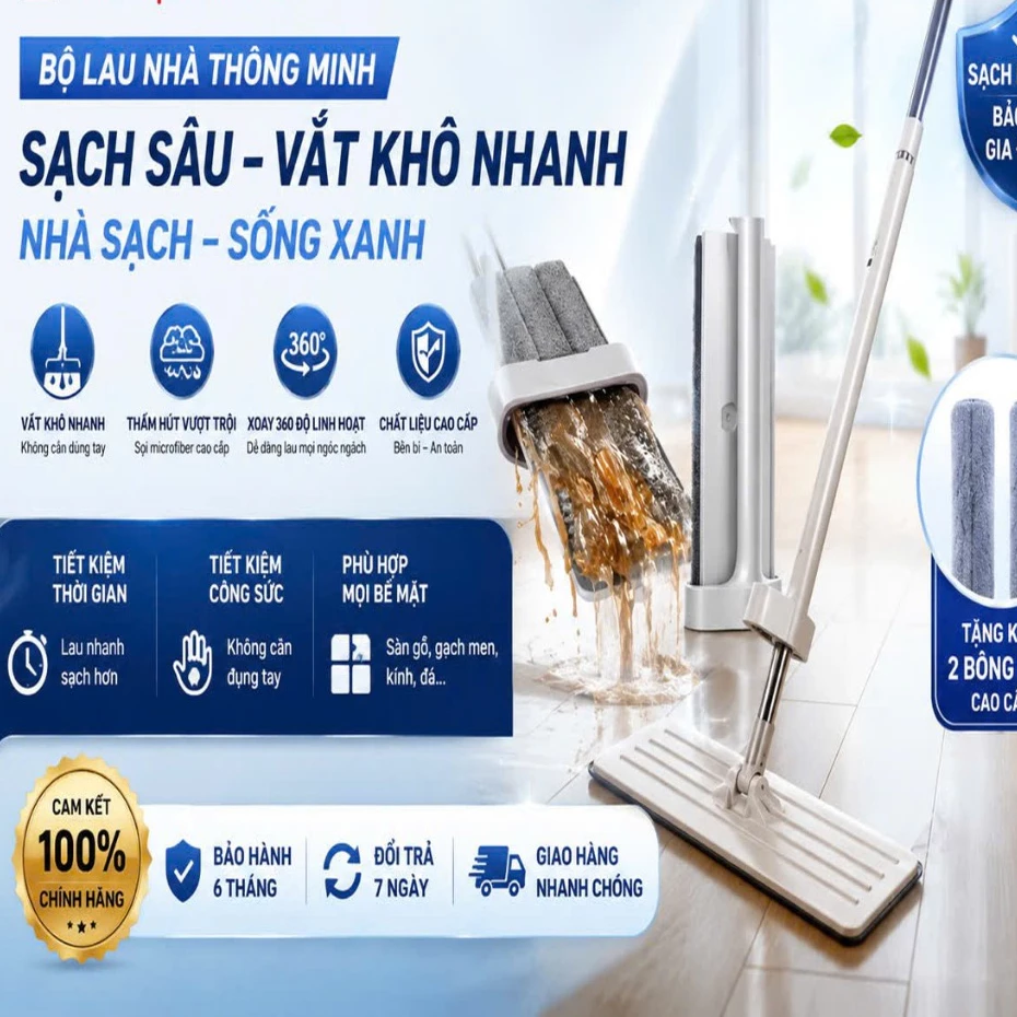 Cây lau nhà tự vắt thông tặng thêm 1 bông lau nhà - PTLUXURY