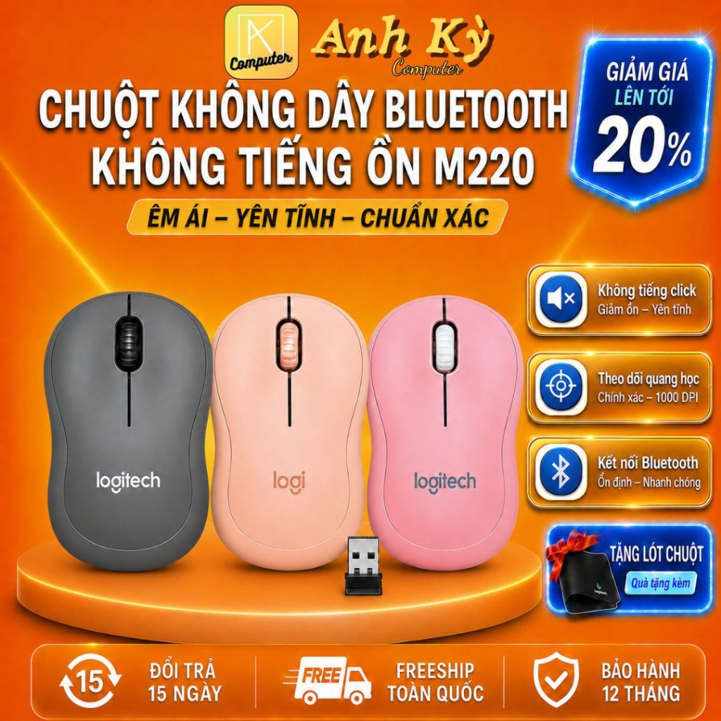 Chuột Không Dây Silent 𝙈-𝙎𝙚𝙧𝙞𝙚𝙨 M220, Chuột văn phòng không gây tiếng động…