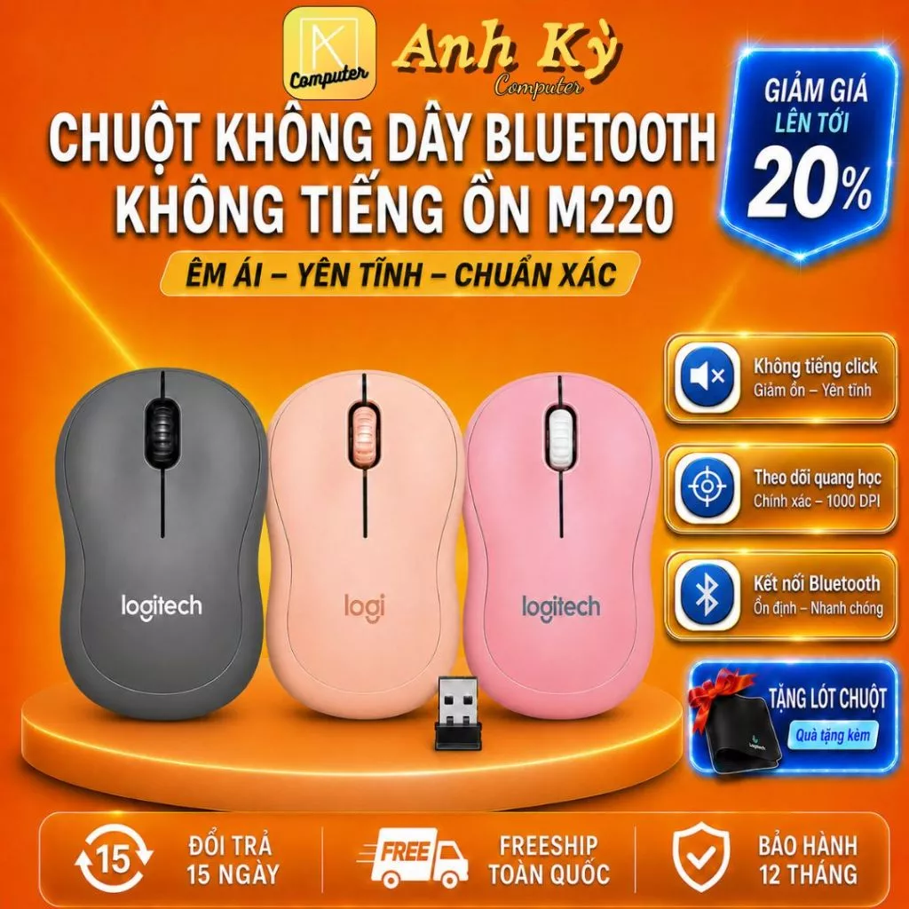Chuột Không Dây Silent 𝙈-𝙎𝙚𝙧𝙞𝙚𝙨 M220, Chuột văn phòng không gây tiếng động - BH 12 tháng 1 đổi 1