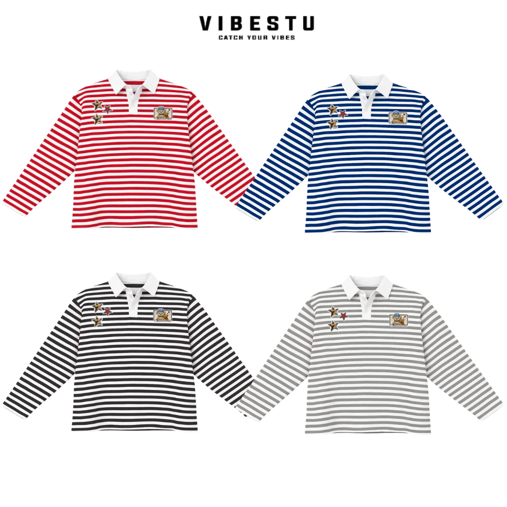 Áo Polo Tay Dài "Long Gấu Star" Sọc Ngang Nhỏ Local Brand VIBESTU, Áo Polo Boxy Form Rộng Unisex 250Gsm Cotton